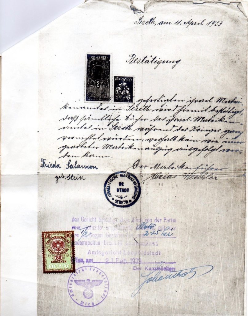 Kitchener camp, Ignatz Salamon, Wife, Frieda Salamon, Certificate, Vienna, 21 February 1939