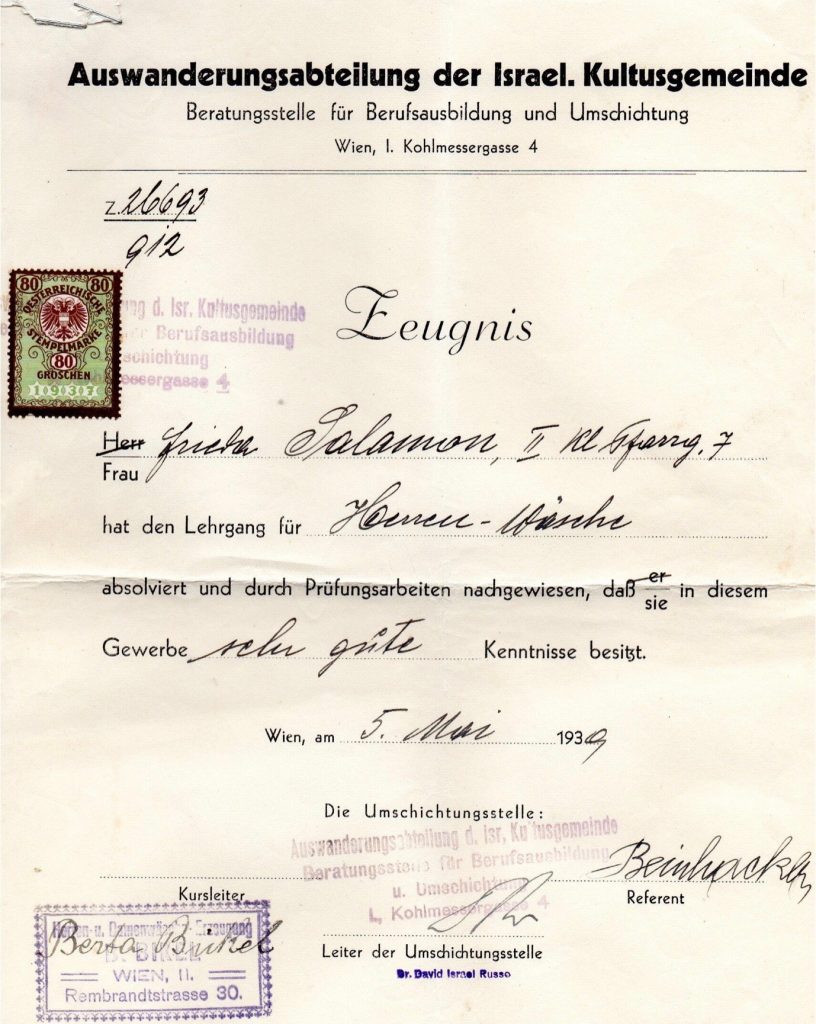 Kitchener camp, Ignatz Salamon, Wife, Frieda Salamon, Certificate, IKG, 5th May 1939