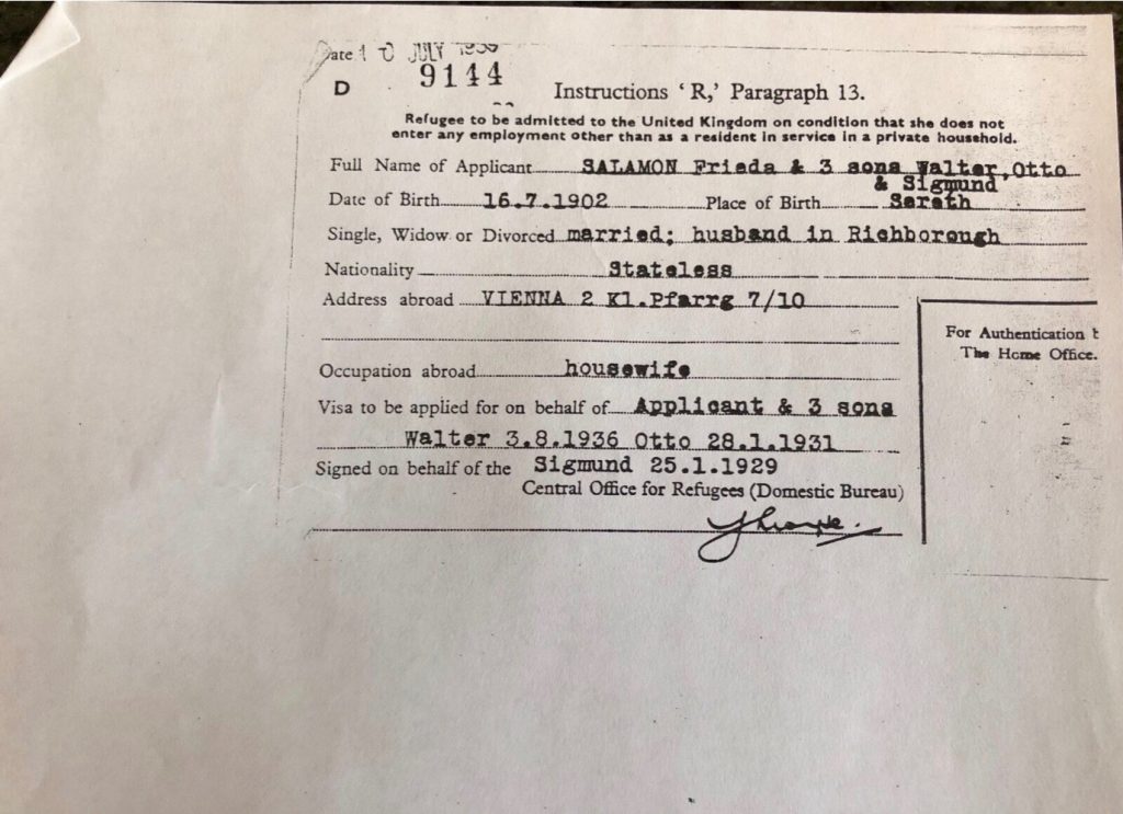 Kitchener camp, Ignatz Salamon, Wife, Frieda Salamon, Sons Walter, Otto, and Sigmund, Certificate, Central Office for Refugees (Domestic Bureau), Husband in Richborough, Instructions R, Paragraph 13, Refugee to be admitted to the United Kingdom on condition that she does not enter any employment other than as a resident in service in a private household, 10 July 1939