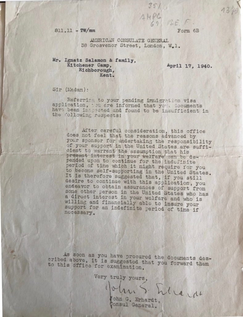 Kitchener camp, Ignatz Salamon, American Consulate General, Rejection of application, John G Erhardt, 17 April 1940