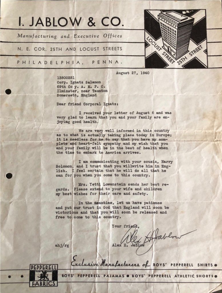 Kitchener camp, Ignatz Salamon, Letter from sponsor to enter USA, I.Jablow & Co., Philadelphia, 27 August 1940