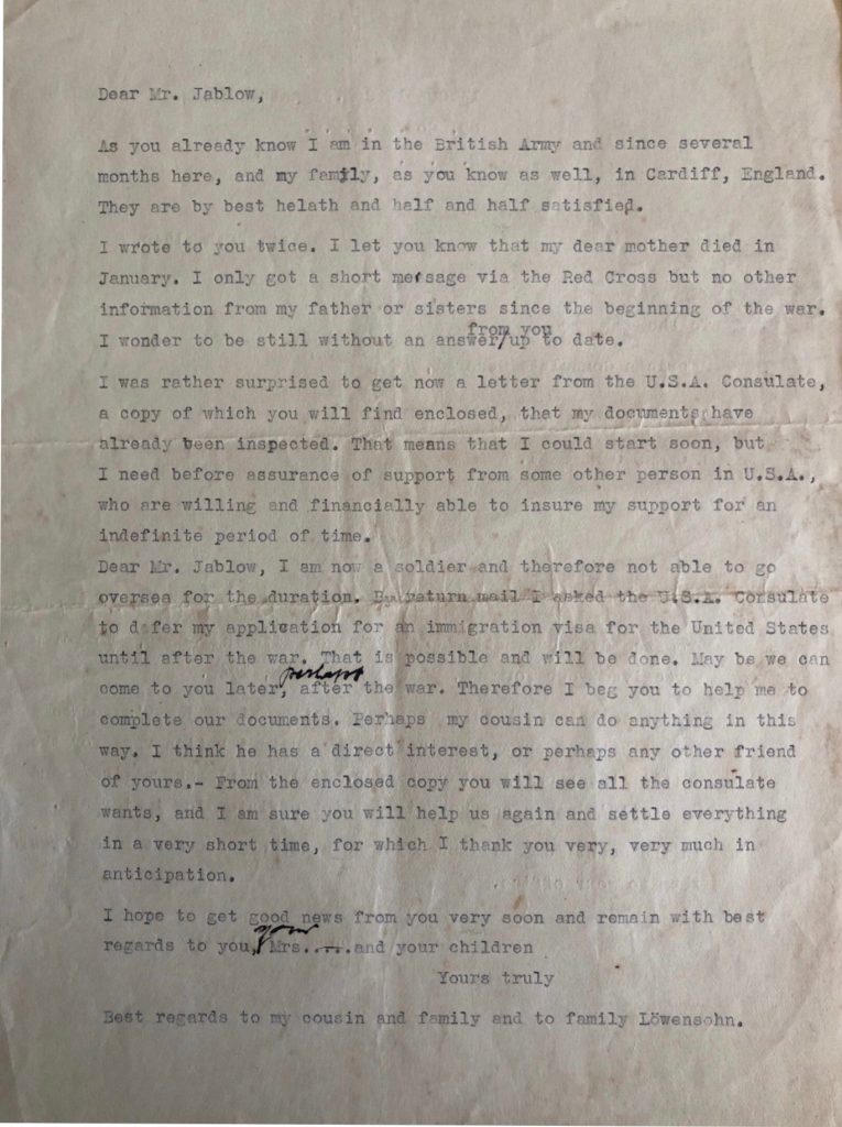 Kitchener camp, Ignatz Salamon, Letter, Sponsor to enter USA, I.Jablow & Co.,