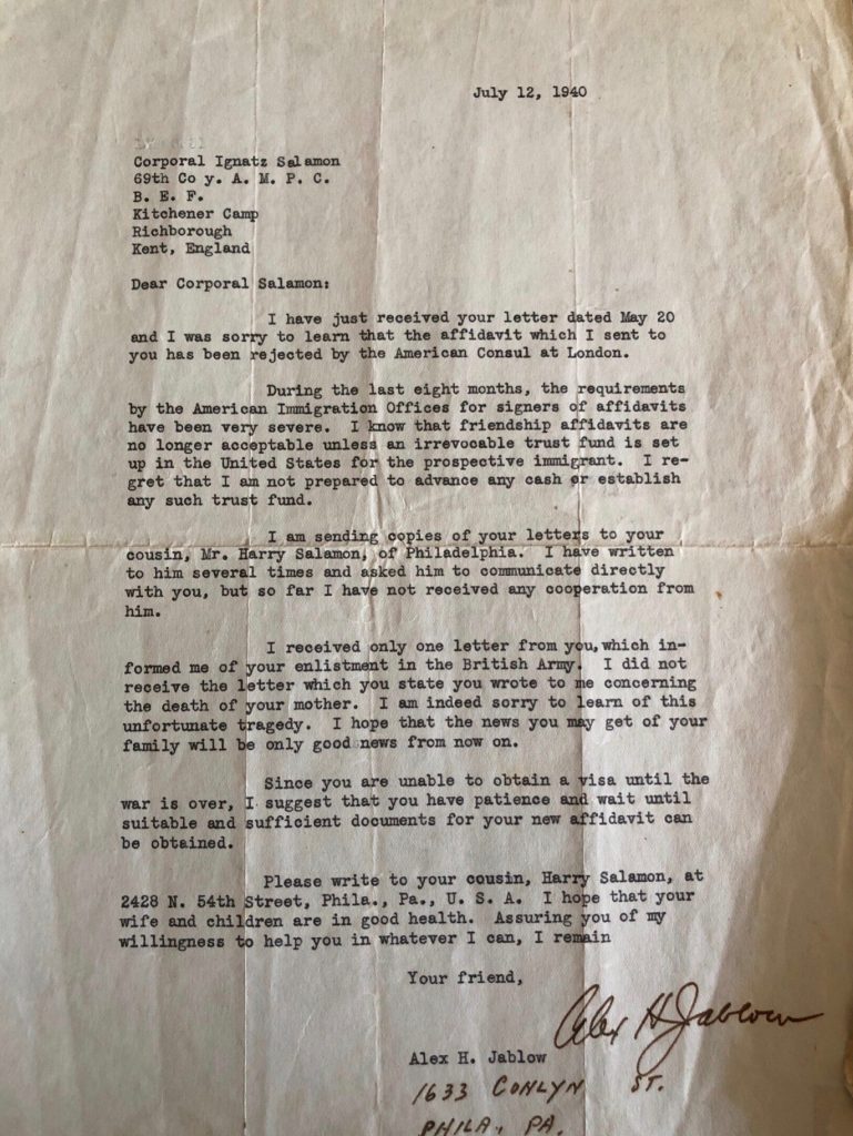 Kitchener camp, Corporal Ignatz Salamon, Letter, 69 Coy AMPC, BEF, Alex Jablow, Rejection of Affidavit ,12 July 1940