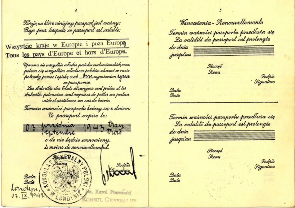 Kitchener camp, Ignatz Salamon, Polish passport, Stamped London, Polish Consulate, 3 September 1942 to 3 September 1943