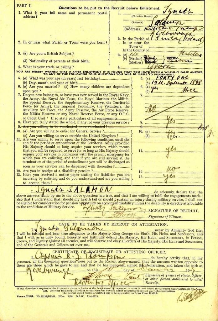 Kitchener camp, Ignatz Salamon, Army Form E 531A, Offer to join the Territorial Army, Kitchener camp, Richborough, Captain R J Thompson, 18 December 1939