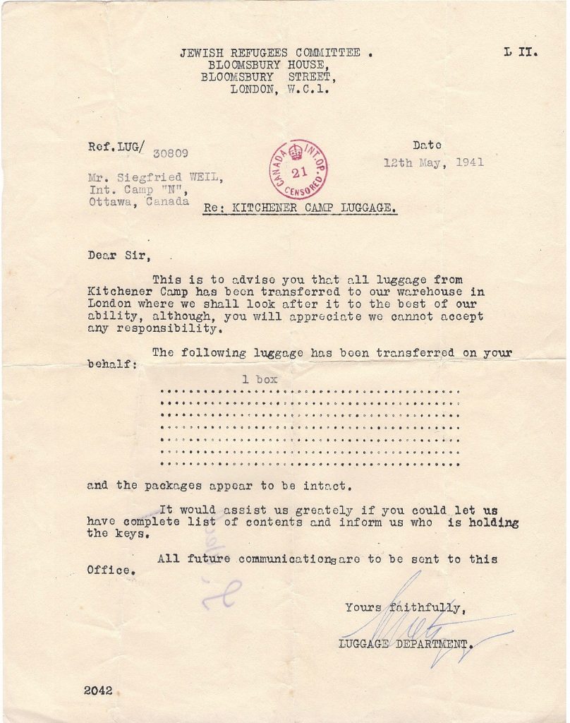 Richborough transmigration camp, Leopold Weil, Letter, Jewish Refugees Committee, Bloomsbury House, Internment Camp N, Canada, Luggge, 12 May 1941