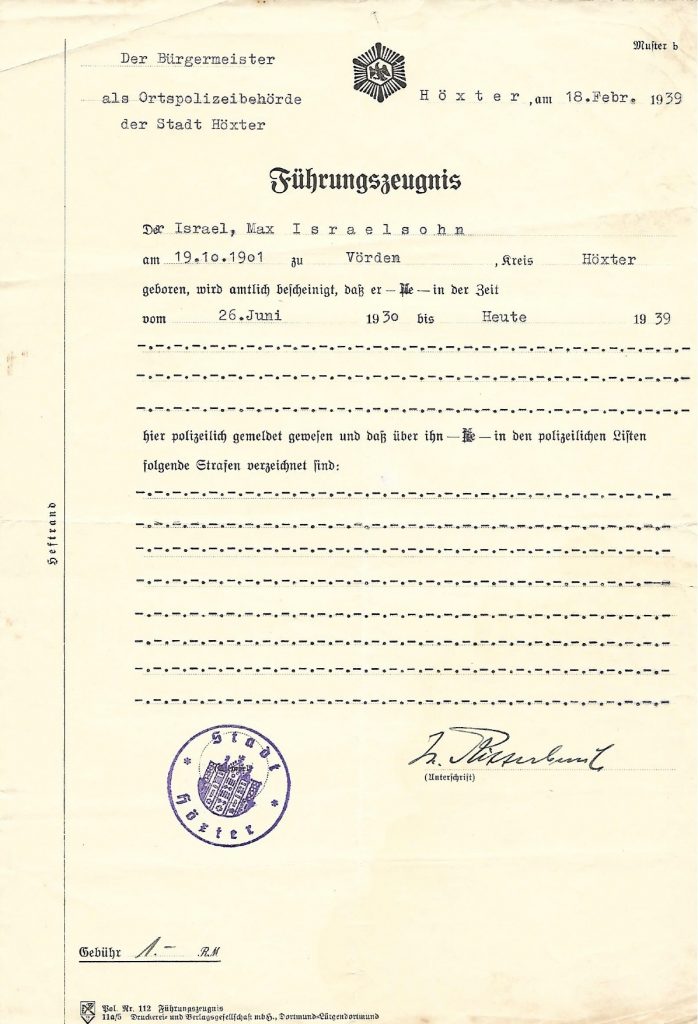 Kitchener camp, Max Israelsohn, Führungszeugnis, Police certificate, 18 February 1939