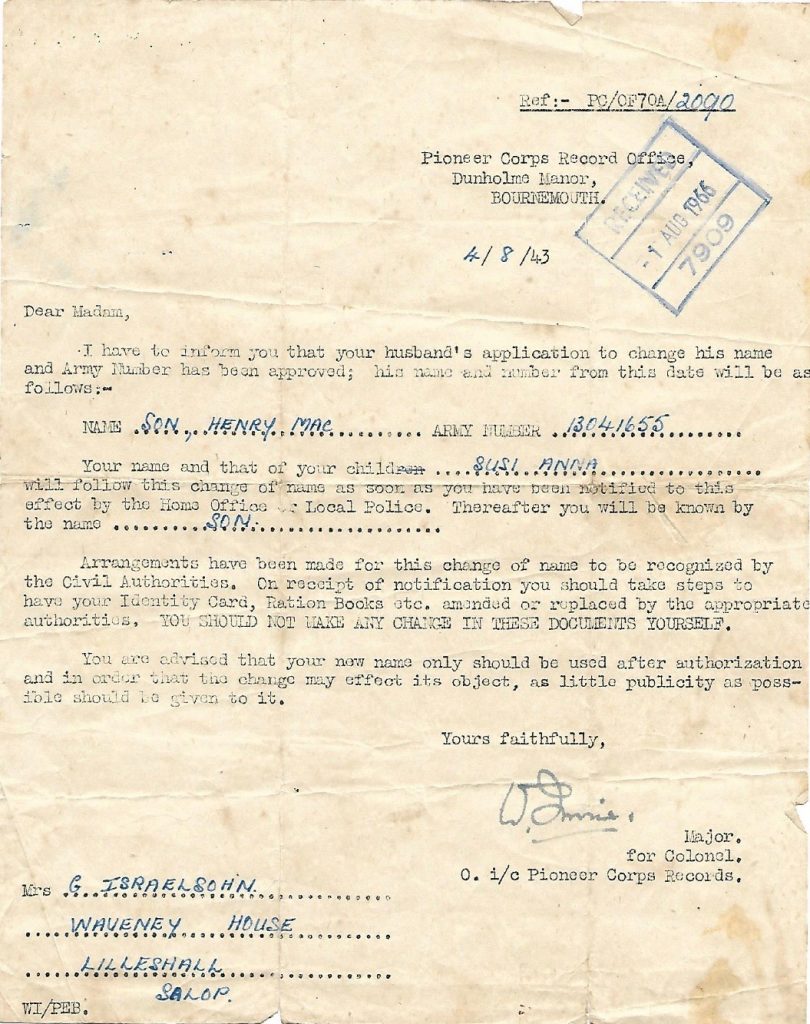 Max Israelsohn, Pioneer Corps Record Office, Name change, 3 August 1943
