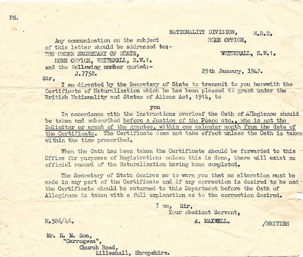 Kitchener camp, Max Israelsohn, Letter, Nationality Division, Home Office, 25 January 1947