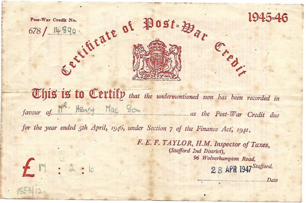 Kitchener camp, Max Israelsohn, Certificate of war credit, 28 April 1947