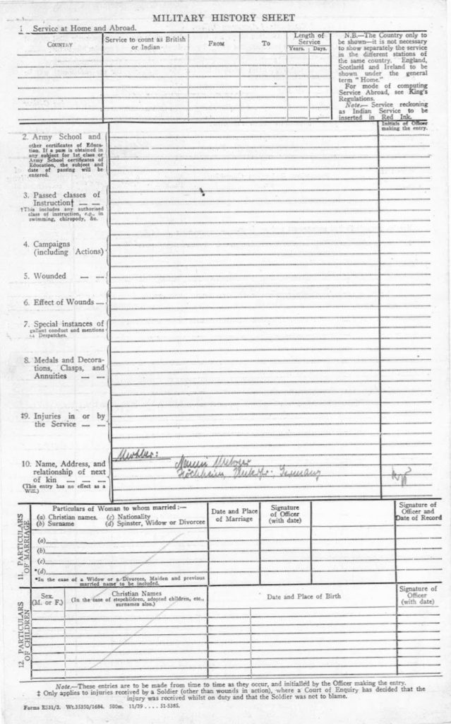Kitchener camp, Max Metzger, Pioneer Corps Army Form E531, Military History Sheet, 18 December 1939