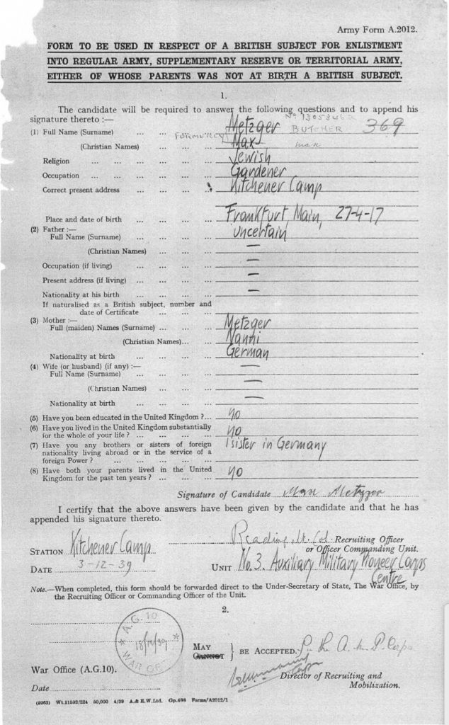 Kitchener camp, Max Metzger, Pioneer Corps Army Form A 2012, Enlistment form - "either of whose parents was not at birth a British subject", 3 December 1939