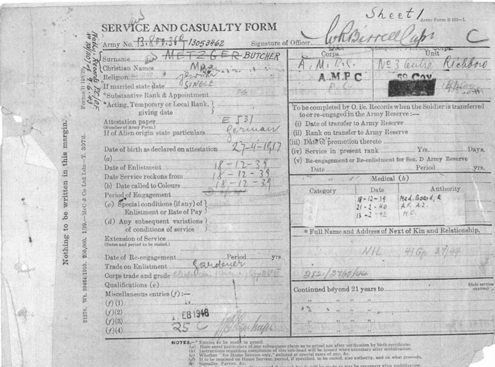 Kitchener camp, Max Metzger, Pioneer Corps, Army Form B103-I, Service and Casualty Form, AMPC, 1 February 1946