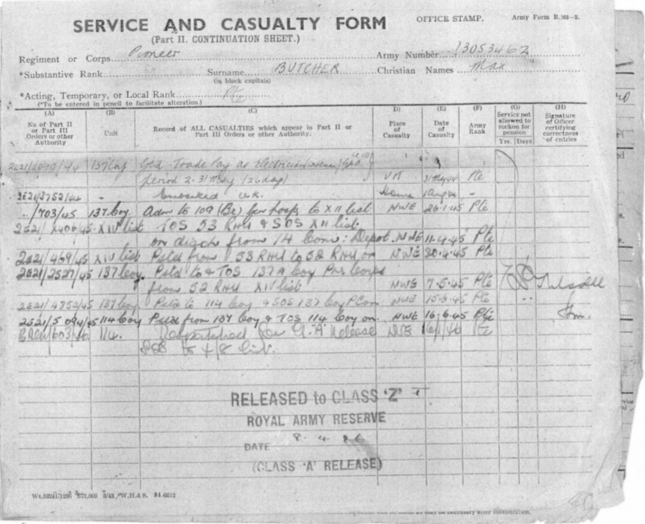Kitchener camp, Richborough, Max Metzger, Service and Casualty Form, Part II, Class A release to Royal Army Reserve