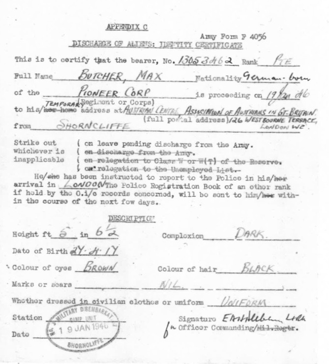 Kitchener camp, Max Metzger, Discharge of Aliens: ID certificate, Appendix C, Address - Austrian Centre, Association of Austrians in Great Britain, 126 Westbourne Terrace, London W2, Police registration in London, 19 January 1946