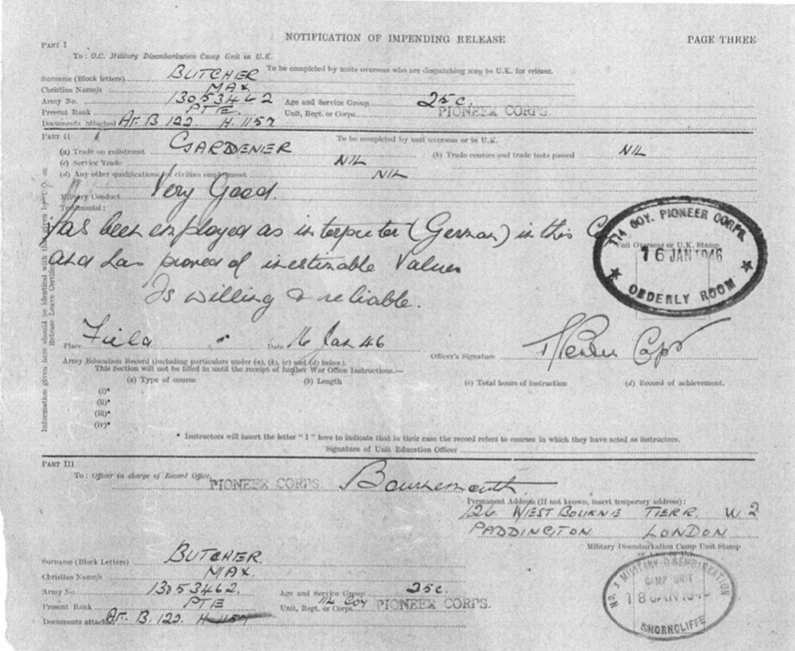 Kitchener camp, Richborough, Max Metzger, Pioneer Corps, Notification of impending release, 114 Company, "Has been employed as interpreter (German) in this Company and has proved of inestimable value. Is willing & reliable", 16 January 1946