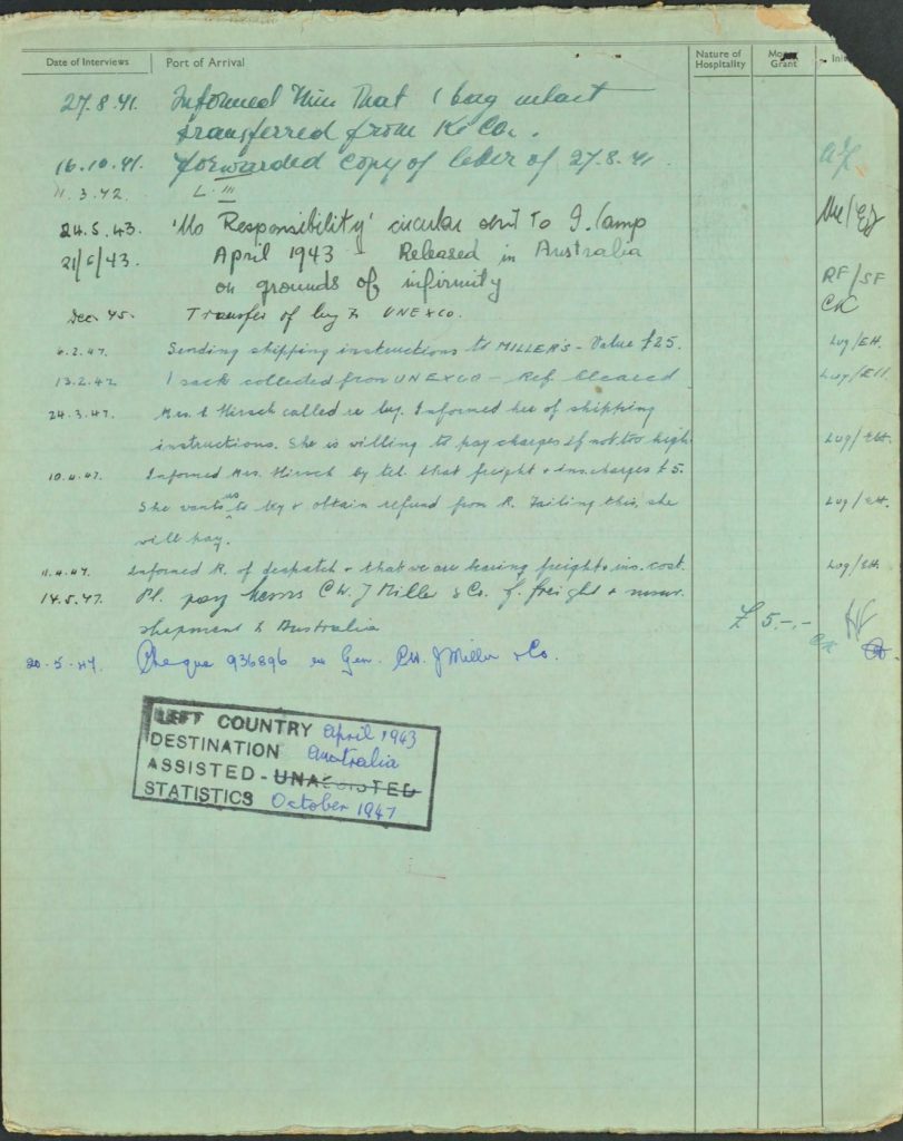 Kitchener camp, Isidor Wilkenfeld, World Jewish Relief forms, page 2, Left country April 1943, Destinaiton Australia, Assisted by aid society until 1947