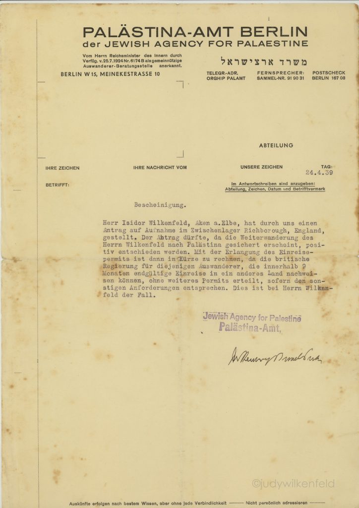 Kitchener camp, Isidor Wilkenfeld, Jewish Agency for Palestine Office Berlin Palestine Office, 24 April 1939