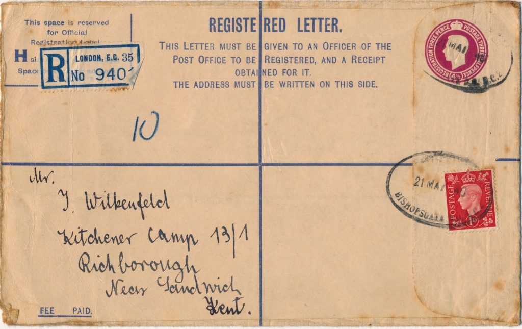 Kitchener camp, Isidor Wilkenfeld, Registered Letter, Hut Number 13/I, 21 March 1940