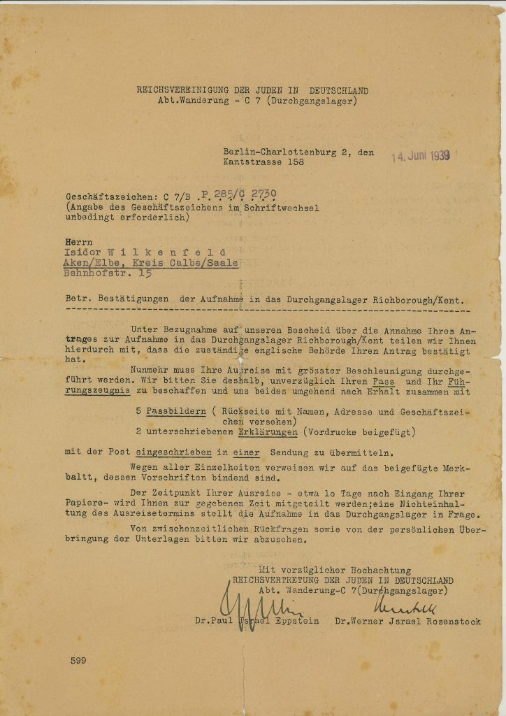 Kitchener camp, Isidor Wilkenfeld, Confirmation of Acceptance to Richborough transit camp, Letter, 14 June 1939.jpg