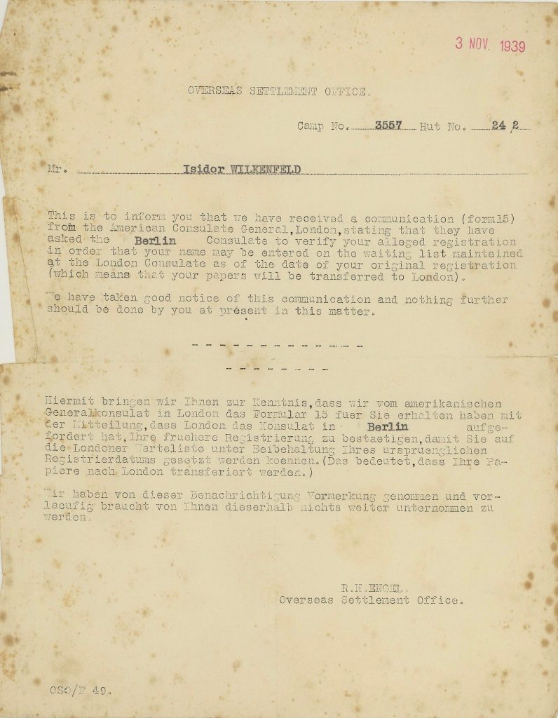 Kitchener camp, Isidor Wilkenfeld, Overseas Settlement Office, Letter, Camp number 3557, Hut Number 24/2, American Consulate, London, Registration, 3 November 1939