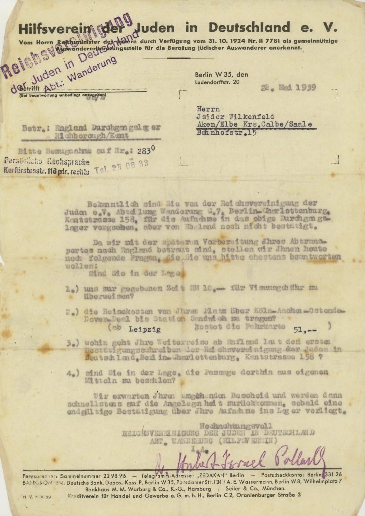 Kitchener camp, Isidor Wilkenfeld, Hilfsverein, Letter, 22 May 1939
