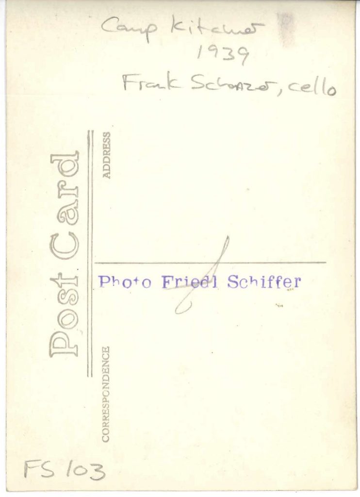 Kitchener camp, Richborough, Franz Schanzer, With cello, reverse