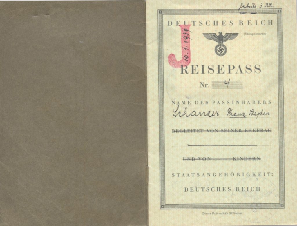 Kitchener camp, Frank Schanzer, German passport, J stamped 10 January 1939,
