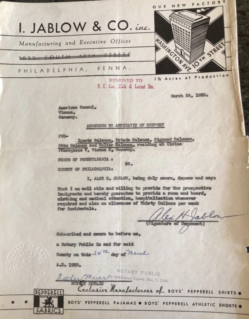 Kitchener camp, Ignatz Salamon, Affidavit addendum, For application to enter USA, I.Jablow & Co., Philadelphia, 24 March 1939