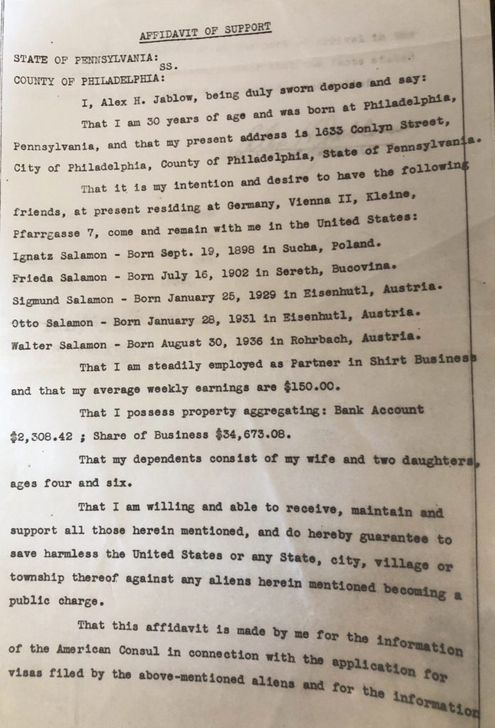 Kitchener camp, Ignatz Salamon, Affidavit of Support, Letter, For application to enter USA, I.Jablow & Co., Philadelphia, 24 March 1939