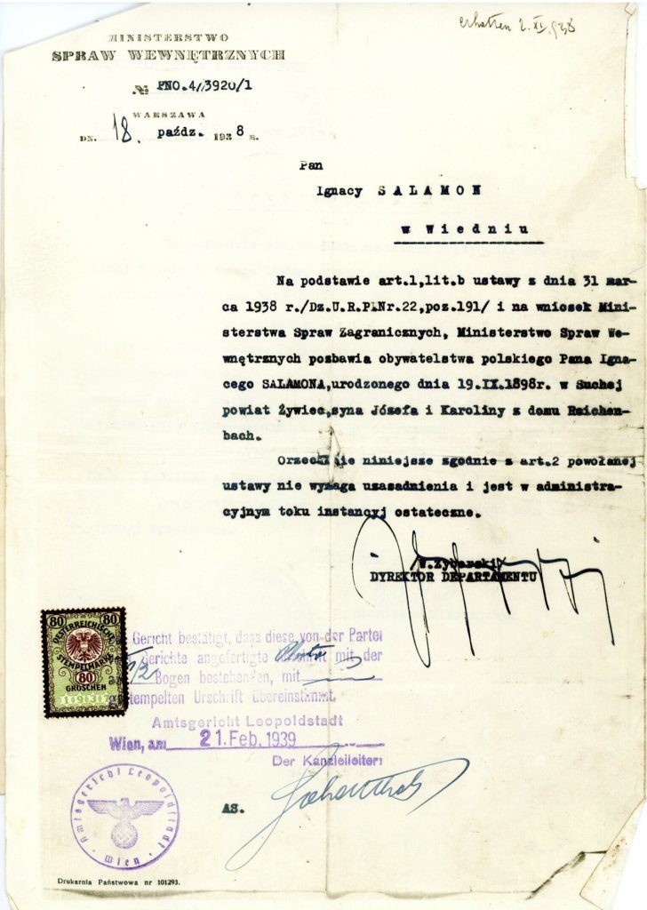 Kitchener camp, Ignatz Salamon, Ministry of Internal Affairs, Warsaw, 18 October 1938