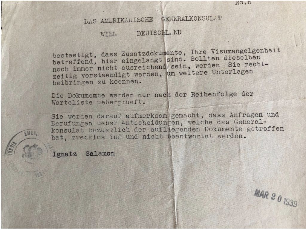 Kitchener camp, Ignatz Salamon, American Consulate General, Vienna, 20 March 1939
