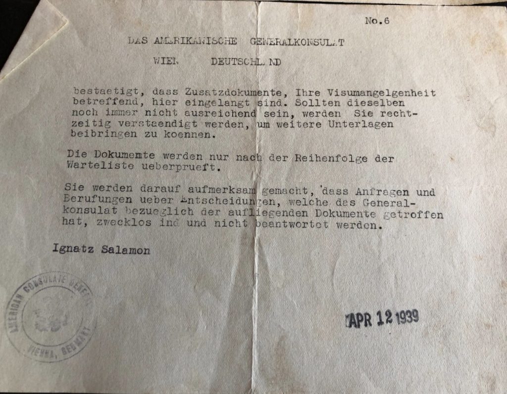 Kitchener camp, Ignatz Salamon, American Consulate General, Vienna, 12 April 1939