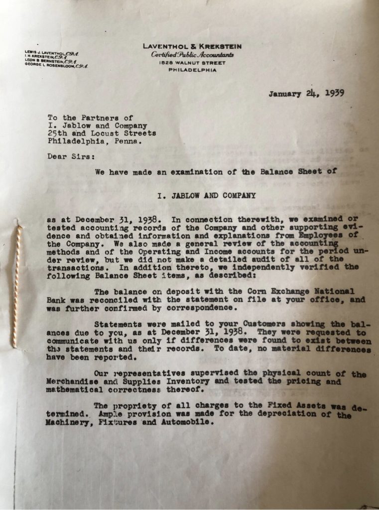 Kitchener camp, Ignatz Salamon, Letter, Audit, Sponsor to enter USA, I.Jablow & Co., Philadelphia, 24 January 1939, page 1