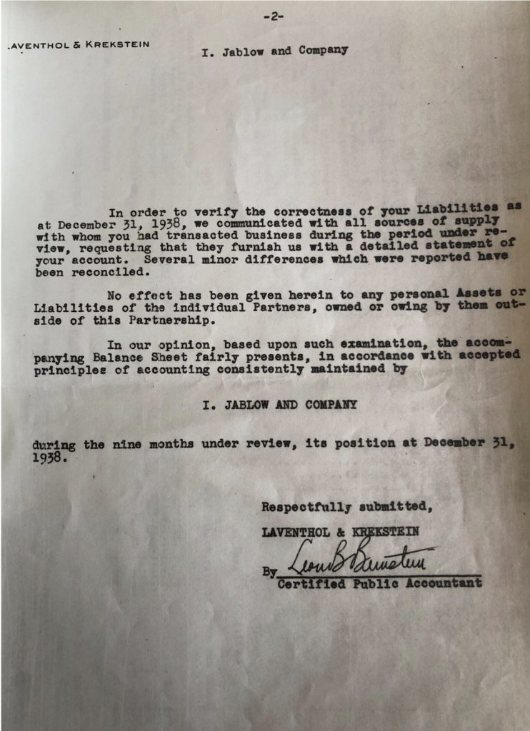 Kitchener camp, Ignatz Salamon, Letter, Audit, Sponsor to enter USA, I.Jablow & Co., Philadelphia, 24 January 1939, page 2