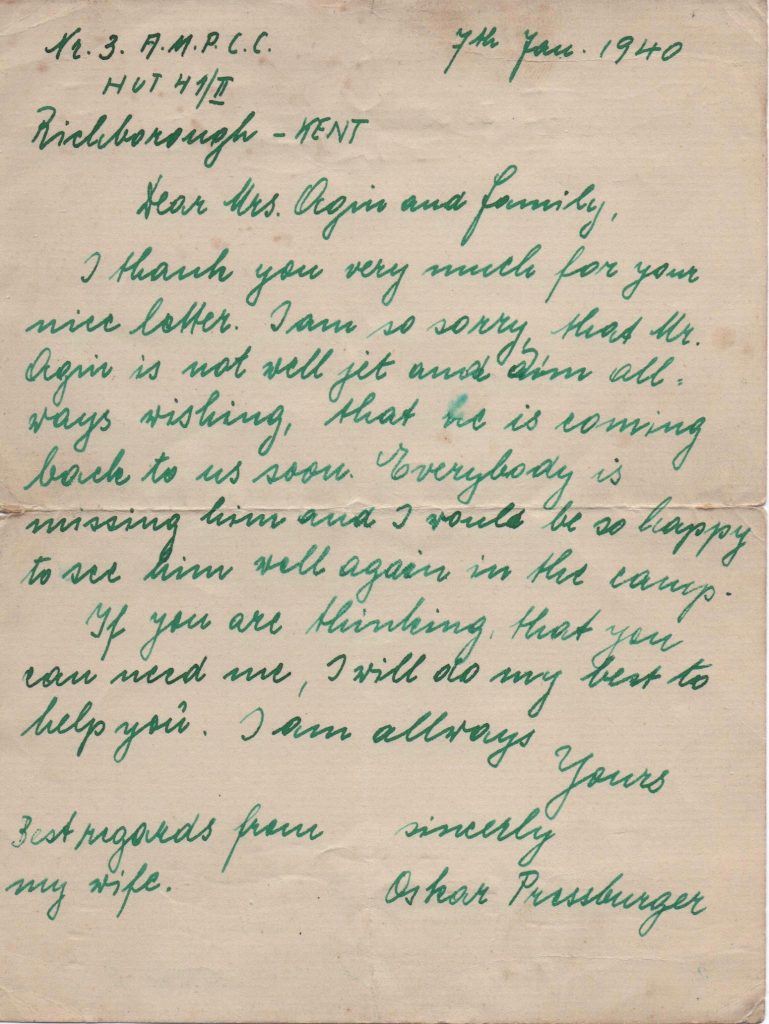Kitchener camp, Jack Agin, Camp chief cook, Letter, Training ground number 3, AMPC, Hut 41/II, Oskar Pressburger, 7 January 1940