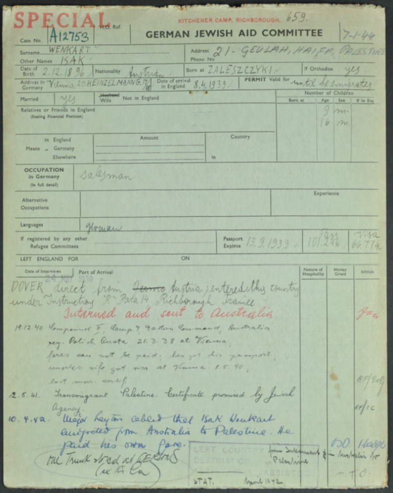 Kitchener camp, Richborough transit camp, Isak Wenkart, German Jewish Aid Committeee forms, page 1