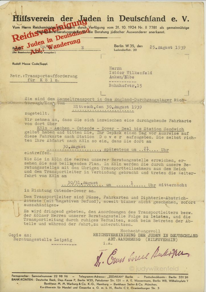 Kitchener camp, Isidor Wilkenfeld, Hilfsverein, Letter, 25 August 1939