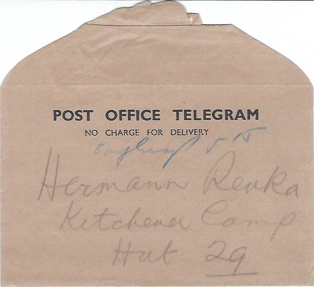 Kitchener camp, Hermann Renkazischock, Post Office Telegram envelope, Hut 29