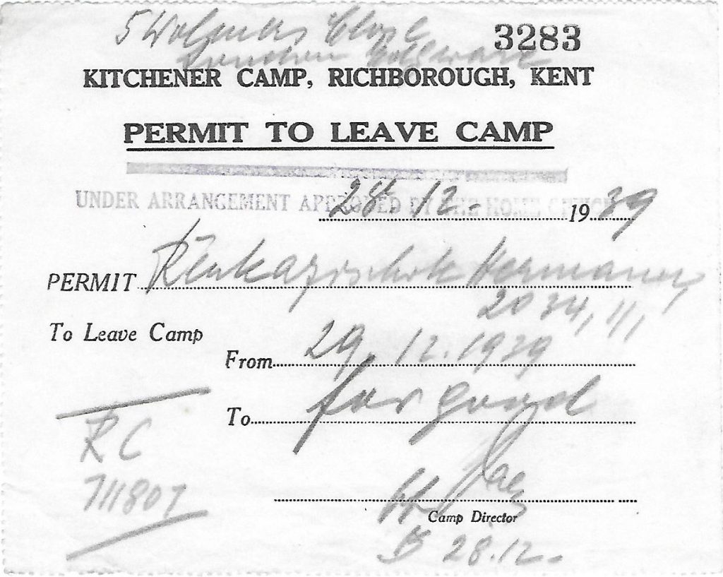 Kitchener camp, Hermann Renkazischock, 28 February 1939, Permit to Leave Camp, 29 December 1939, For good, Home Office number 711807