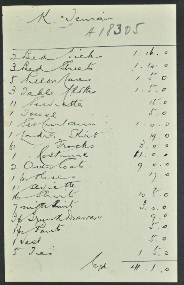 Kitchener camp, Karl Timan, German Jewish Aid Committee, Hand-written list of items