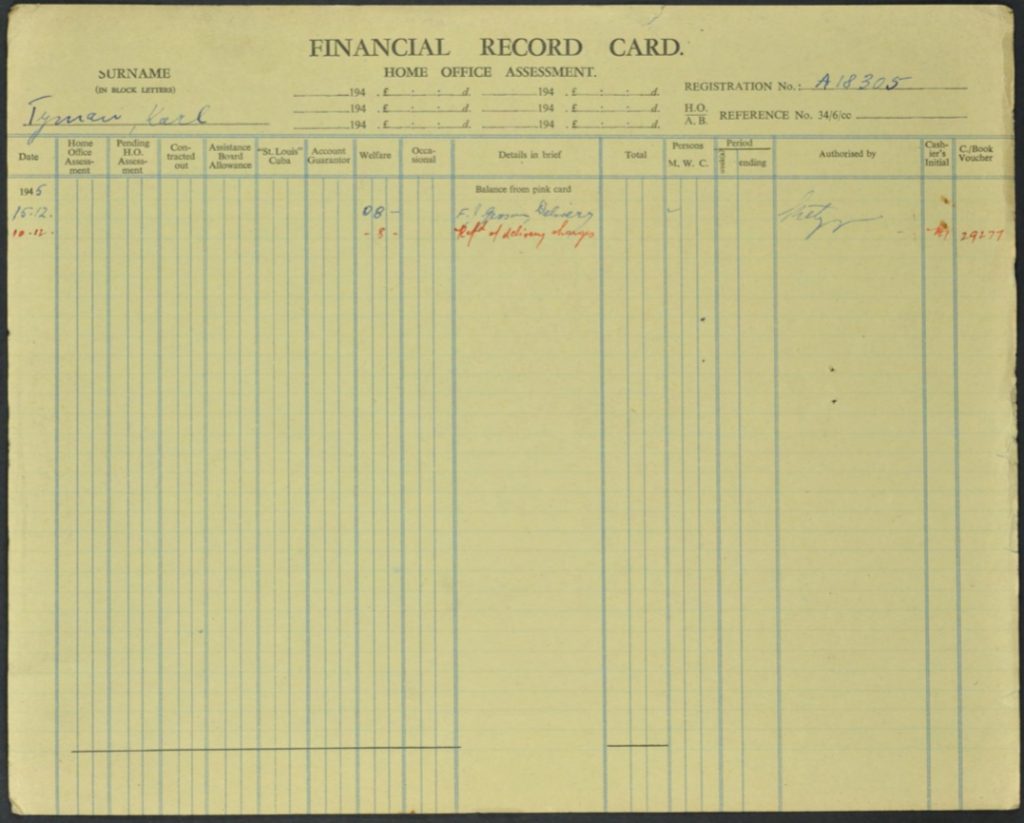 Kitchener camp, Karl Timan, German Jewish Aid Committee, Financial Record Card