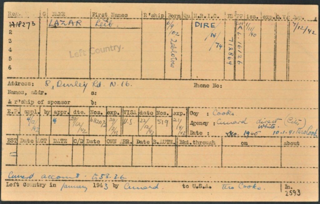 Kitchener camp, Lieb Lazar, German Jewish Aid Committee, Leaving card, 1943