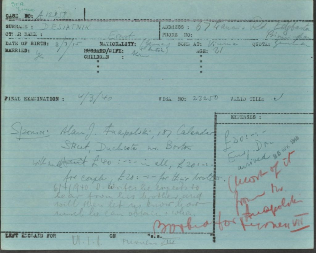 Kitchener camp, Ernst Desiatnik, Leaving card, German Jewish Aid, page 1