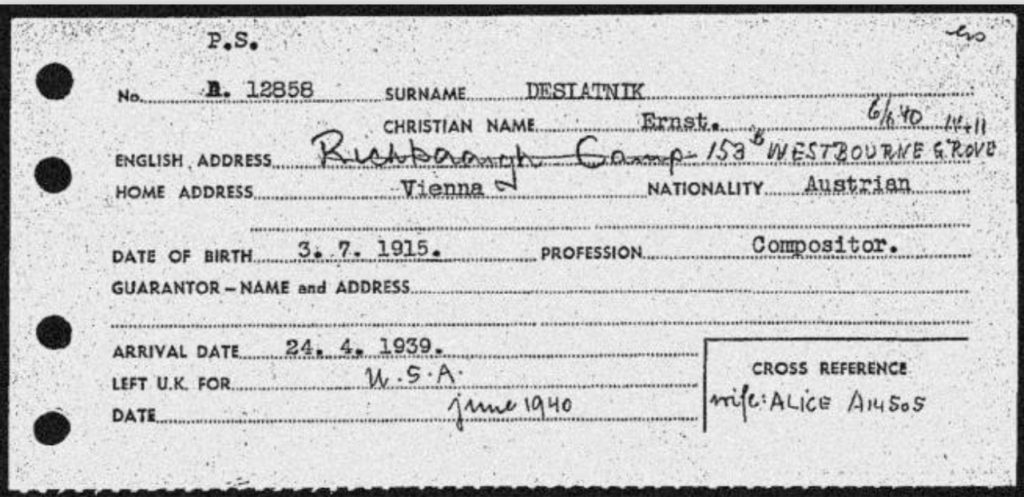 Kitchener camp, Ernst Desiatnik, Arrival card, Arrival date 24 April 1939, Left for USA June 1940