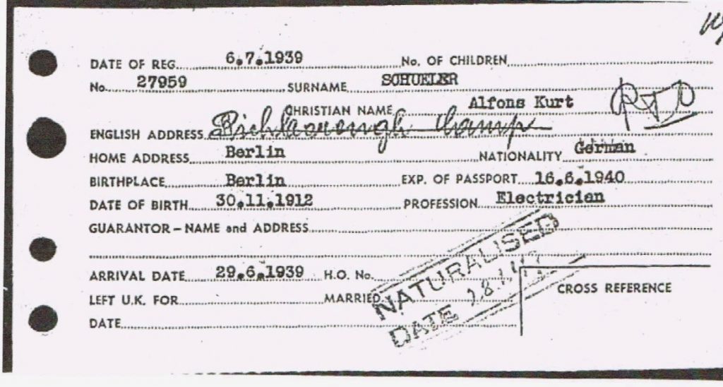 Kitchener camp, Alfons Schueler, Electrcian, Arrival card, Arrival date 29 June 1919