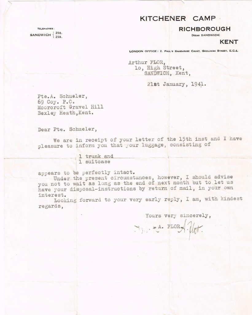 Kitchener camp, Alfons Schueler, Letter, Luggage, 21 January 1941