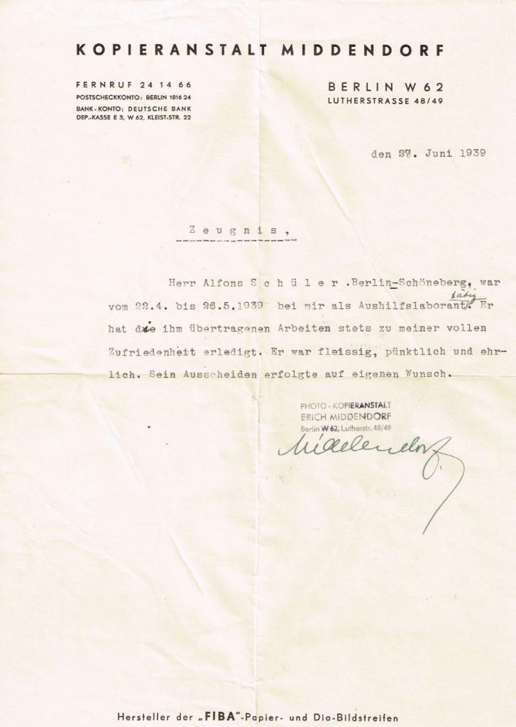 Kitchener camp, Alfons Schueler, Letter, Kopieranstalt Middendorf, Berlin, Zeugnis, 27 June 1939