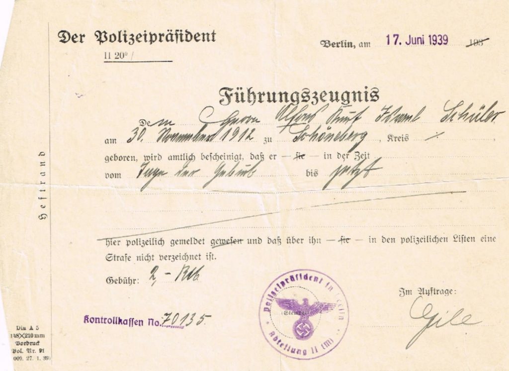 Kitchener camp, Alfons Schüler, Health Certificate, Führungszeugnis, Police certificate, 17 June 1939