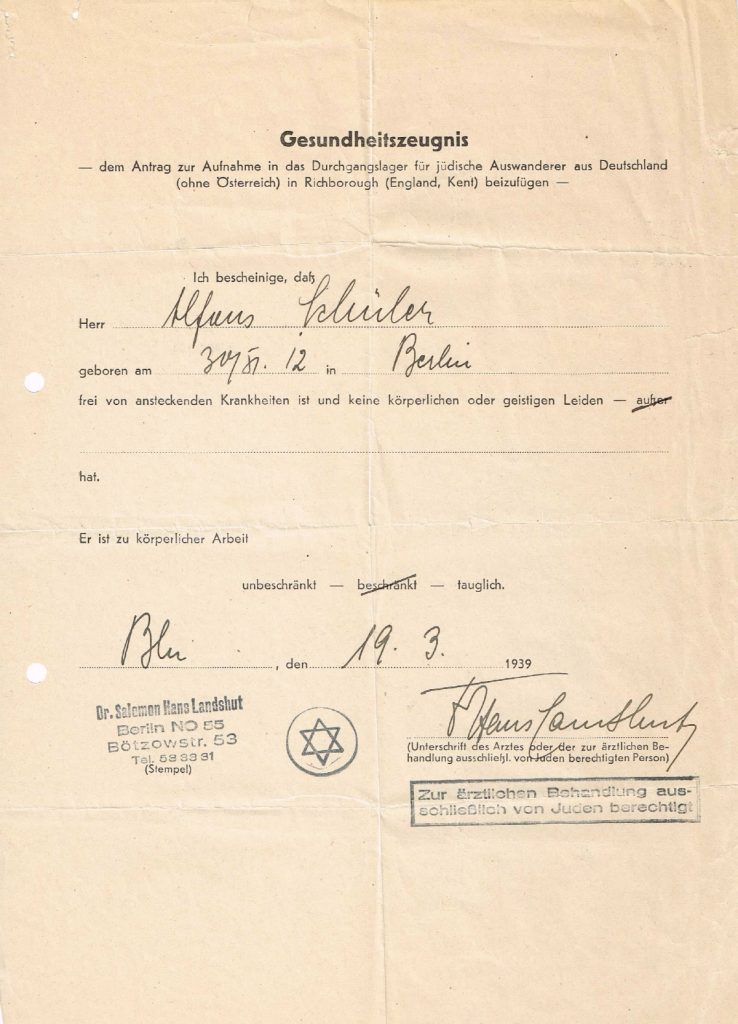 Kitchener camp, Alfons Schueler, Health Certificate, Gesundheitszeugnis, 19 March 1939